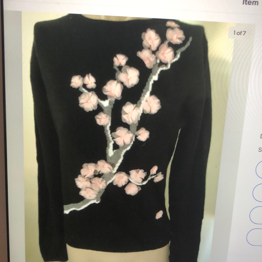 New NWT black queen of cashmere sweater pink tulle dogwood flowers on branches